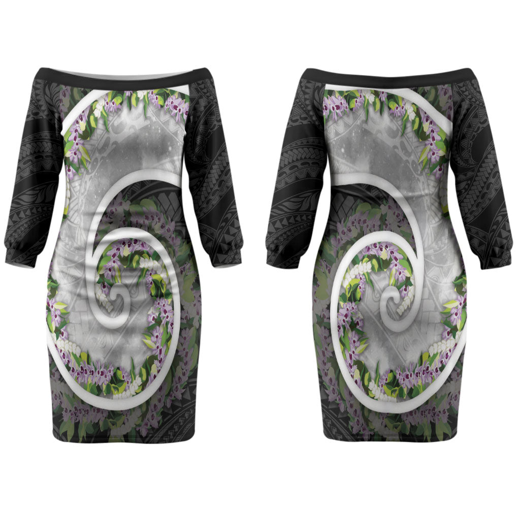 Piko Hawaii Couples Matching Off The Shoulder Long Sleeve Dress and Long Sleeve Button Shirt Polynesian Pattern With Maile Pikake Honohono Lei