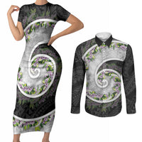 Piko Hawaii Couples Matching Short Sleeve Bodycon Dress and Long Sleeve Button Shirt Polynesian Pattern With Maile Pikake Honohono Lei