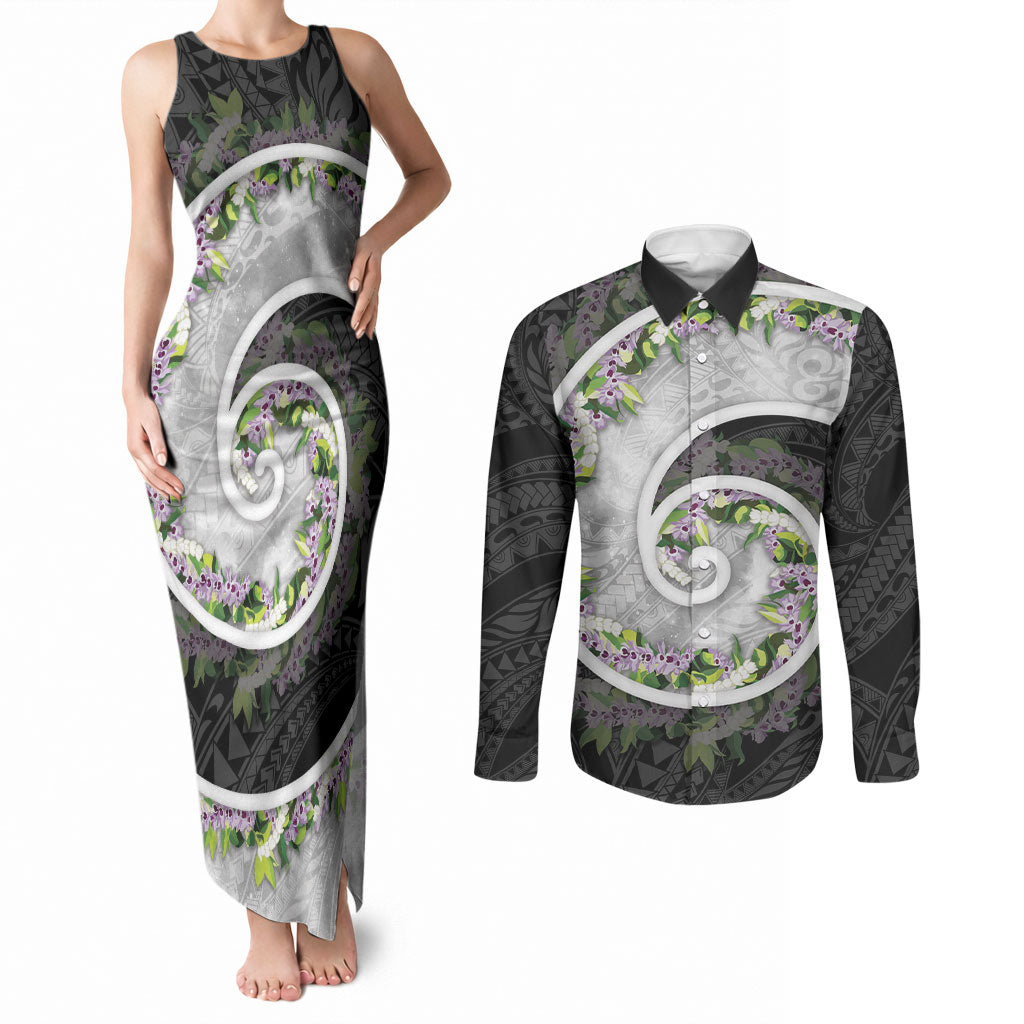 Piko Hawaii Couples Matching Tank Maxi Dress and Long Sleeve Button Shirt Polynesian Pattern With Maile Pikake Honohono Lei
