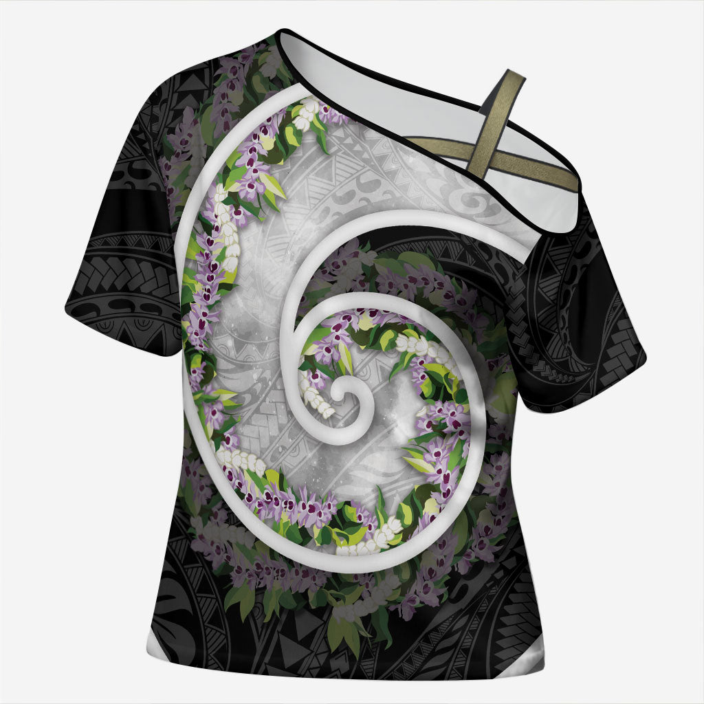 Piko Hawaii Cross Shoulder Shirt Polynesian Pattern With Maile Pikake Honohono Lei