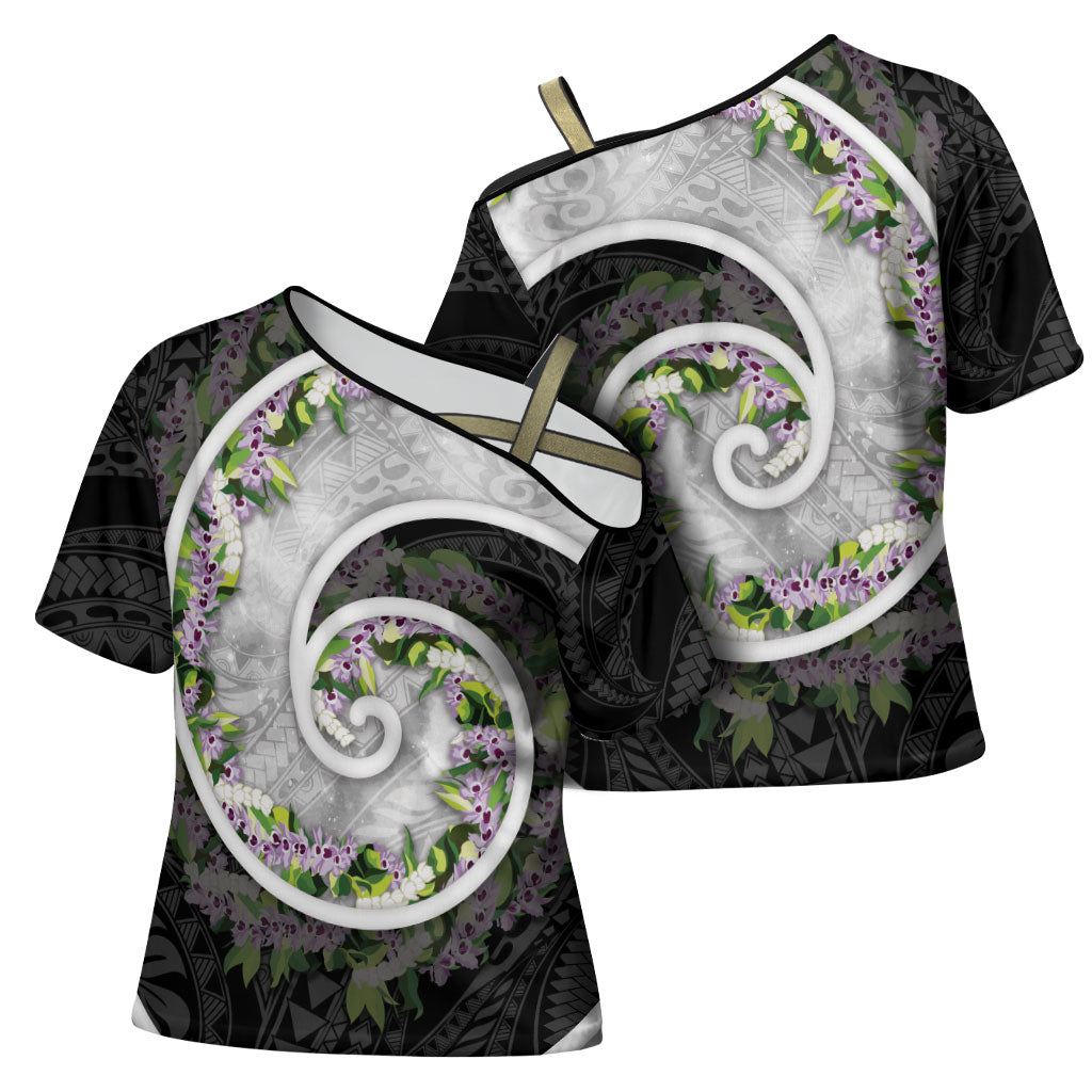 Piko Hawaii Cross Shoulder Shirt Polynesian Pattern With Maile Pikake Honohono Lei