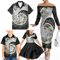 Piko Hawaii Family Matching Off The Shoulder Long Sleeve Dress and Hawaiian Shirt Polynesian Pattern With Maile Pikake Honohono Lei