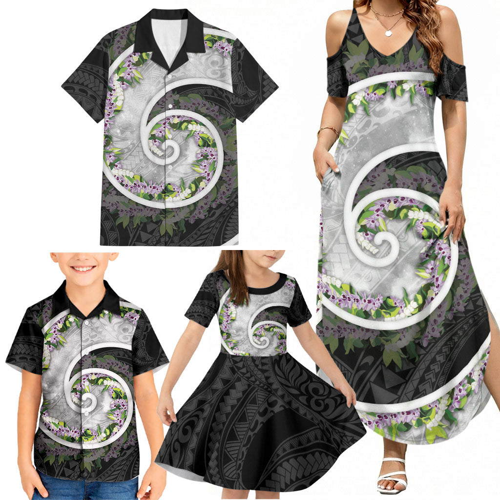 Piko Hawaii Family Matching Summer Maxi Dress and Hawaiian Shirt Polynesian Pattern With Maile Pikake Honohono Lei