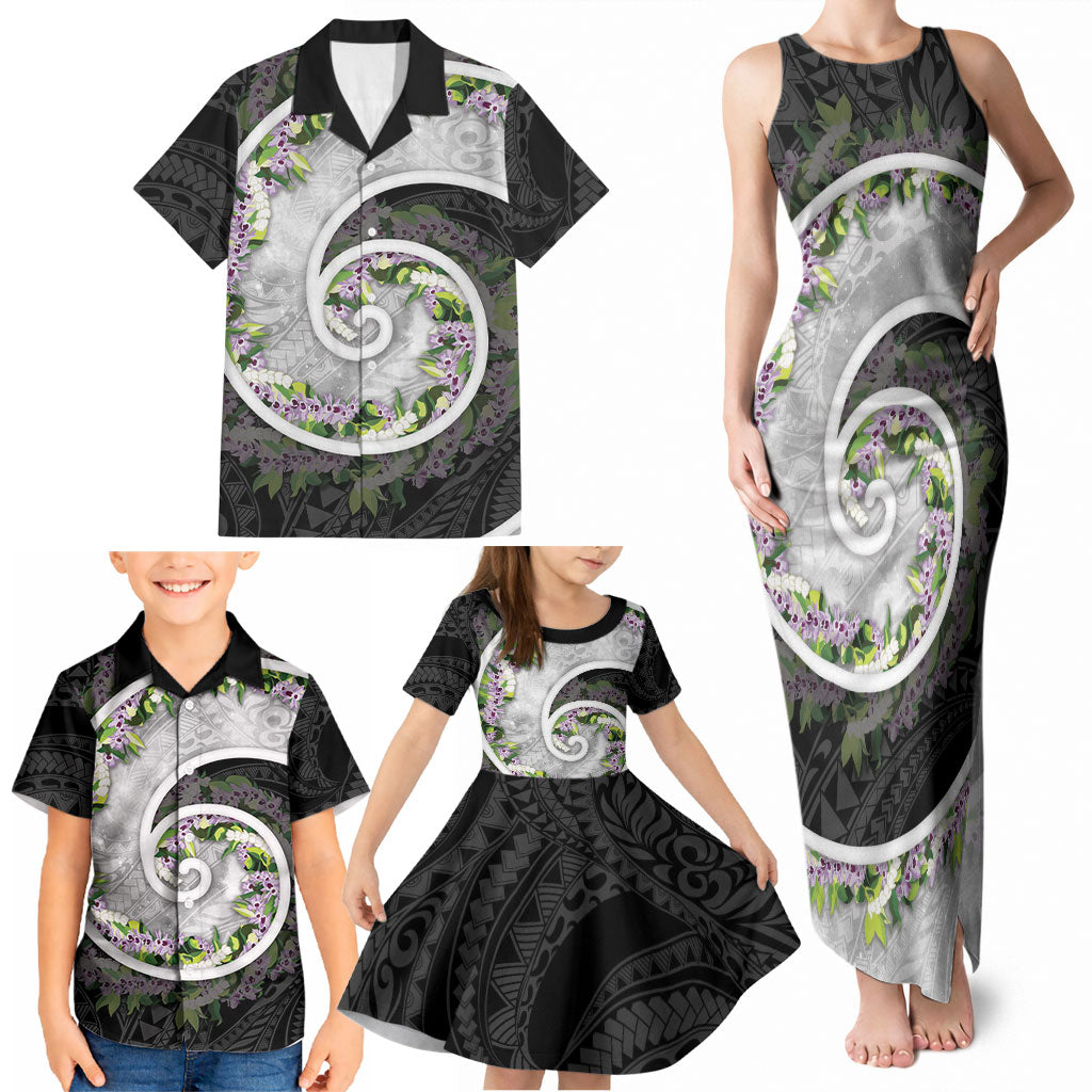 Piko Hawaii Family Matching Tank Maxi Dress and Hawaiian Shirt Polynesian Pattern With Maile Pikake Honohono Lei