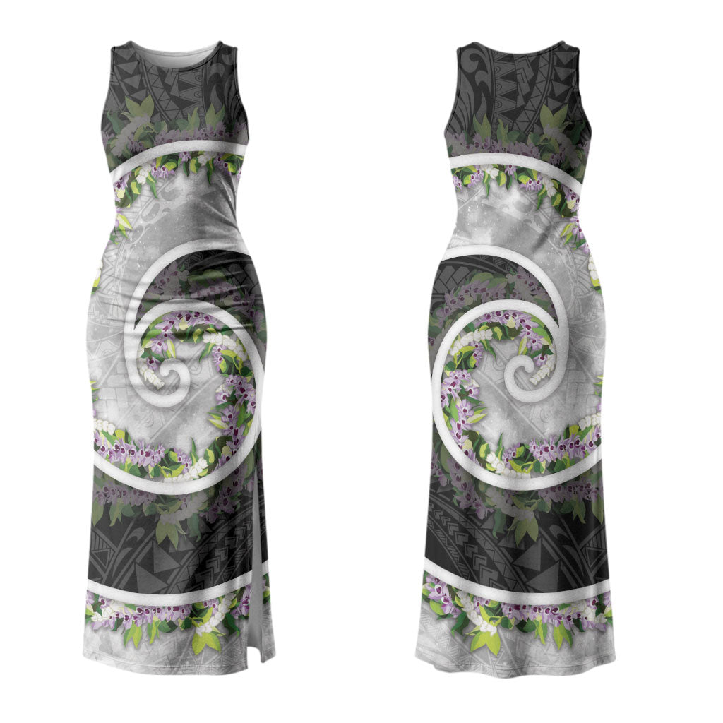 Piko Hawaii Family Matching Tank Maxi Dress and Hawaiian Shirt Polynesian Pattern With Maile Pikake Honohono Lei