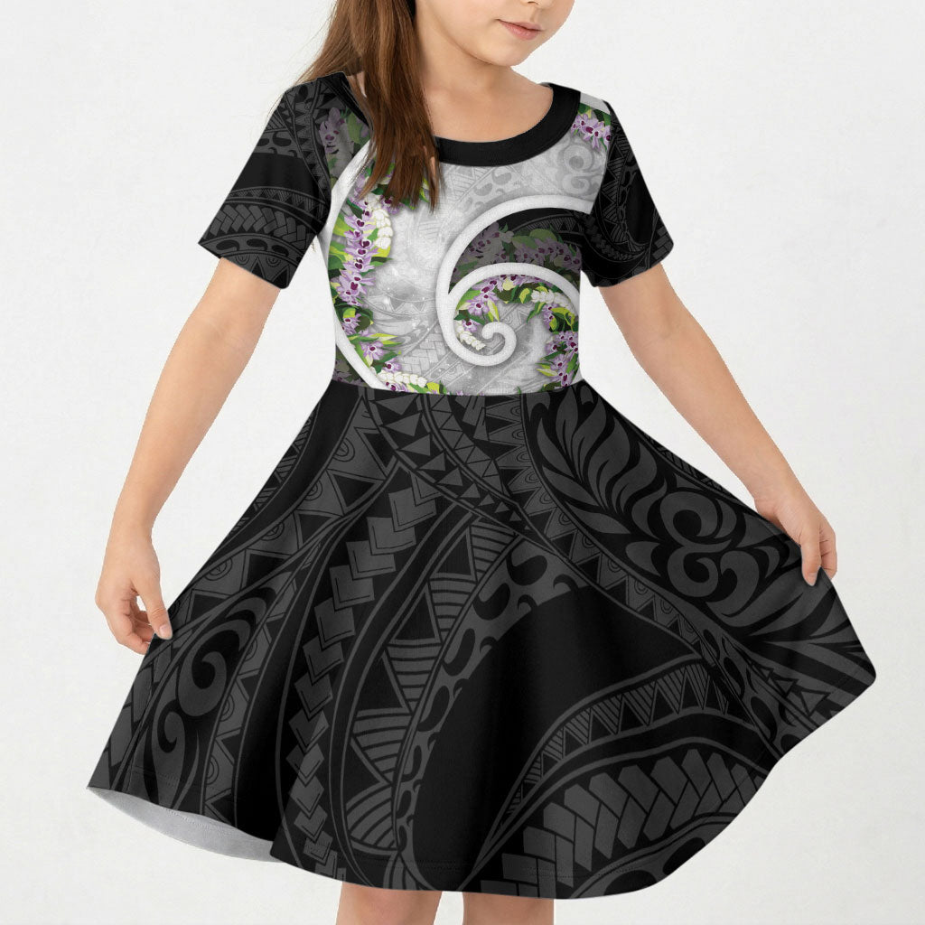 Piko Hawaii Kid Short Sleeve Dress Polynesian Pattern With Maile Pikake Honohono Lei