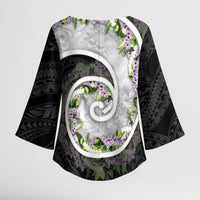 Piko Hawaii Kimono Sleeve Blouse Polynesian Pattern With Maile Pikake Honohono Lei
