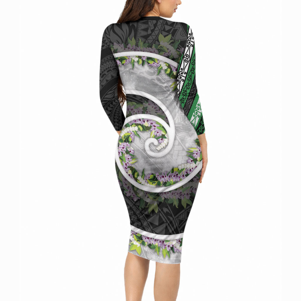 Piko Hawaii Long Sleeve Bodycon Dress Polynesian Pattern With Maile Pikake Honohono Lei