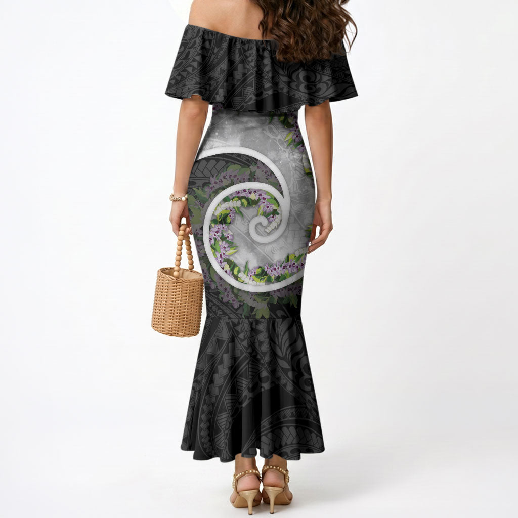 Piko Hawaii Mermaid Dress Polynesian Pattern With Maile Pikake Honohono Lei