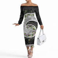 Piko Hawaii Off The Shoulder Long Sleeve Dress Polynesian Pattern With Maile Pikake Honohono Lei