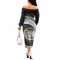 Piko Hawaii Off The Shoulder Long Sleeve Dress Polynesian Pattern With Maile Pikake Honohono Lei