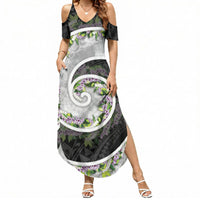 Piko Hawaii Summer Maxi Dress Polynesian Pattern With Maile Pikake Honohono Lei