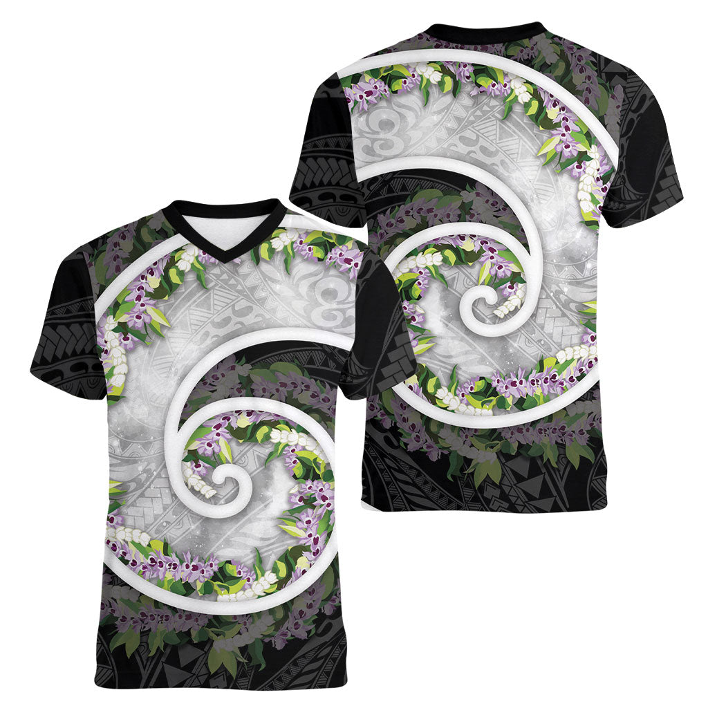 Piko Hawaii Women V-Neck T-Shirt Polynesian Pattern With Maile Pikake Honohono Lei