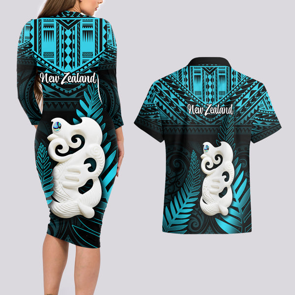 New Zealand Couples Matching Puletasi Dress and Hawaiian Shirt Manaia Maori Pattern With Turquoise Fern LT05 main image 1