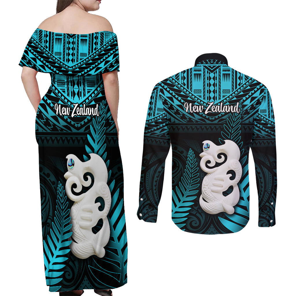New Zealand Couples Matching Off Shoulder Maxi Dress and Long Sleeve Button Shirts Manaia Maori Pattern With Turquoise Fern LT05 - Polynesian Pride