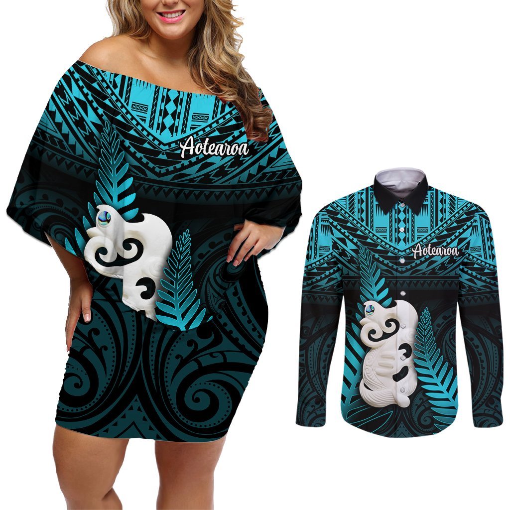 New Zealand Couples Matching Off Shoulder Short Dress and Long Sleeve Button Shirts Manaia Maori Pattern With Turquoise Fern LT05 Turquoise - Polynesian Pride