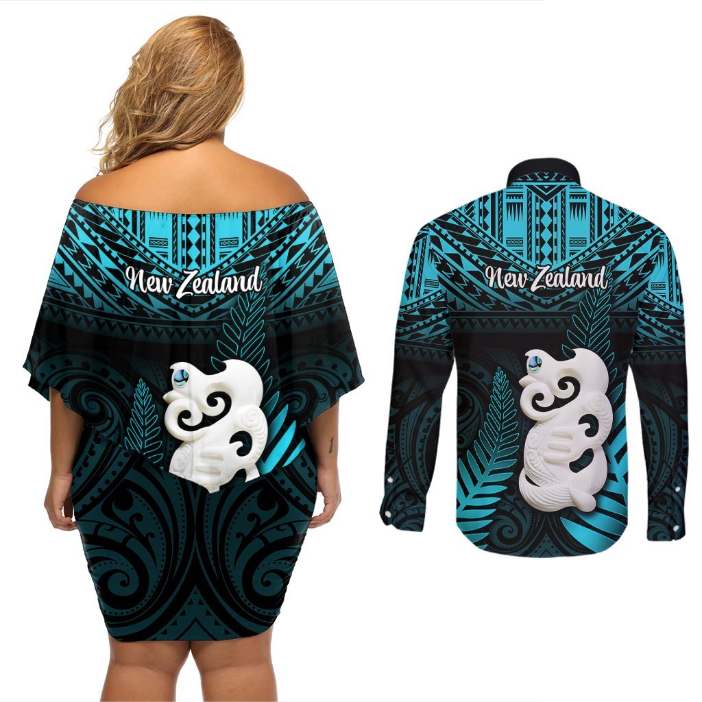 New Zealand Couples Matching Off Shoulder Short Dress and Long Sleeve Button Shirts Manaia Maori Pattern With Turquoise Fern LT05 - Polynesian Pride