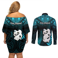 New Zealand Couples Matching Off Shoulder Short Dress and Long Sleeve Button Shirts Manaia Maori Pattern With Turquoise Fern LT05 - Polynesian Pride