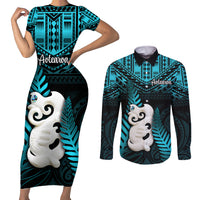 New Zealand Couples Matching Short Sleeve Bodycon Dress and Long Sleeve Button Shirts Manaia Maori Pattern With Turquoise Fern LT05 Turquoise - Polynesian Pride