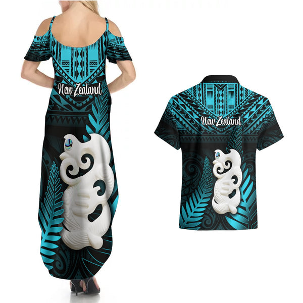 New Zealand Couples Matching Puletasi Dress and Hawaiian Shirt Manaia Maori Pattern With Turquoise Fern LT05
