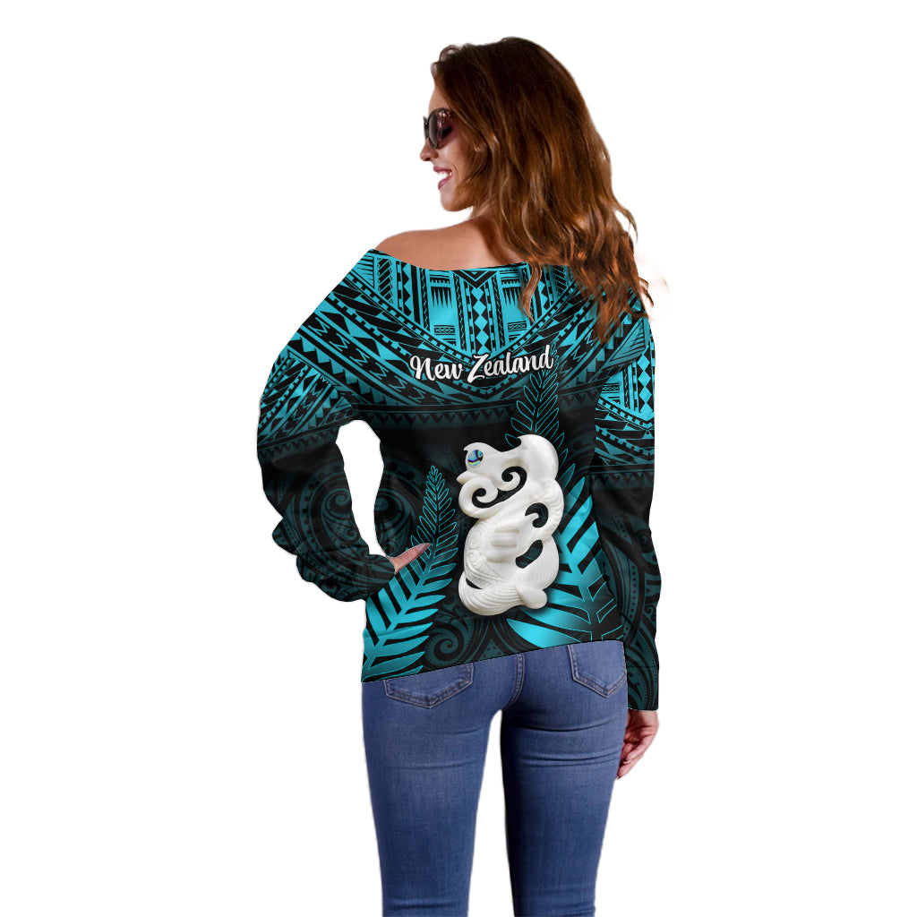 New Zealand Off Shoulder Sweater Manaia Maori Pattern With Turquoise Fern LT05 - Polynesian Pride