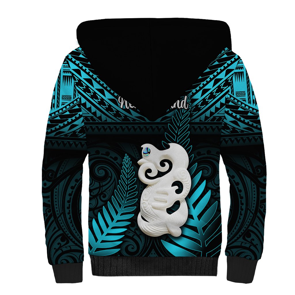 New Zealand Sherpa Hoodie Manaia Maori Pattern With Turquoise Fern LT05 - Polynesian Pride