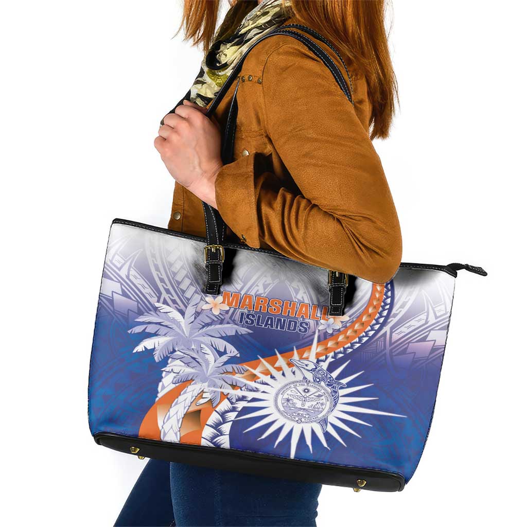 Marshall Islands Manit Day Leather Tote Bag Polynesian Tribal Tattoo Tropical Style LT05 Blue - Polynesian Pride