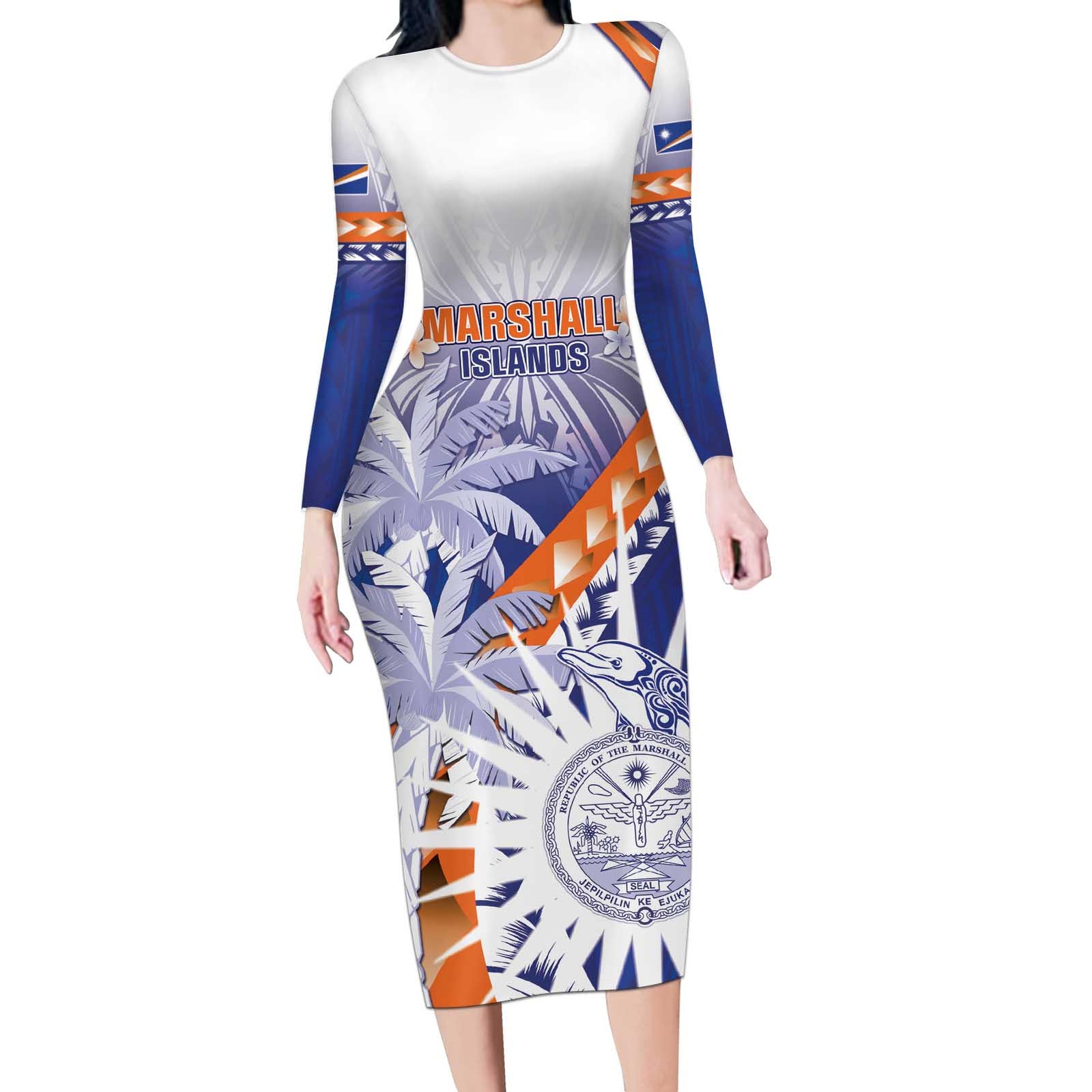 Personalised Marshall Islands Manit Day Long Sleeve Bodycon Dress Polynesian Tribal Tattoo Tropical Style LT05 Long Dress Blue - Polynesian Pride