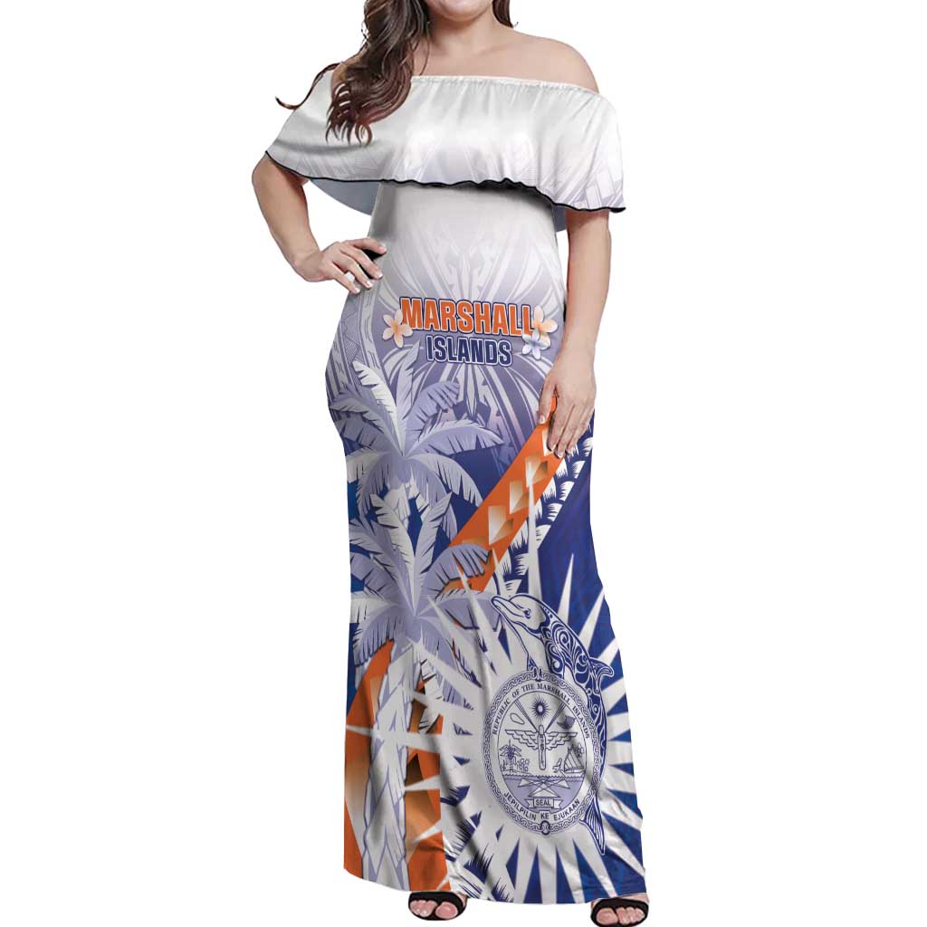 Personalised Marshall Islands Manit Day Off Shoulder Maxi Dress Polynesian Tribal Tattoo Tropical Style LT05 Women Blue - Polynesian Pride