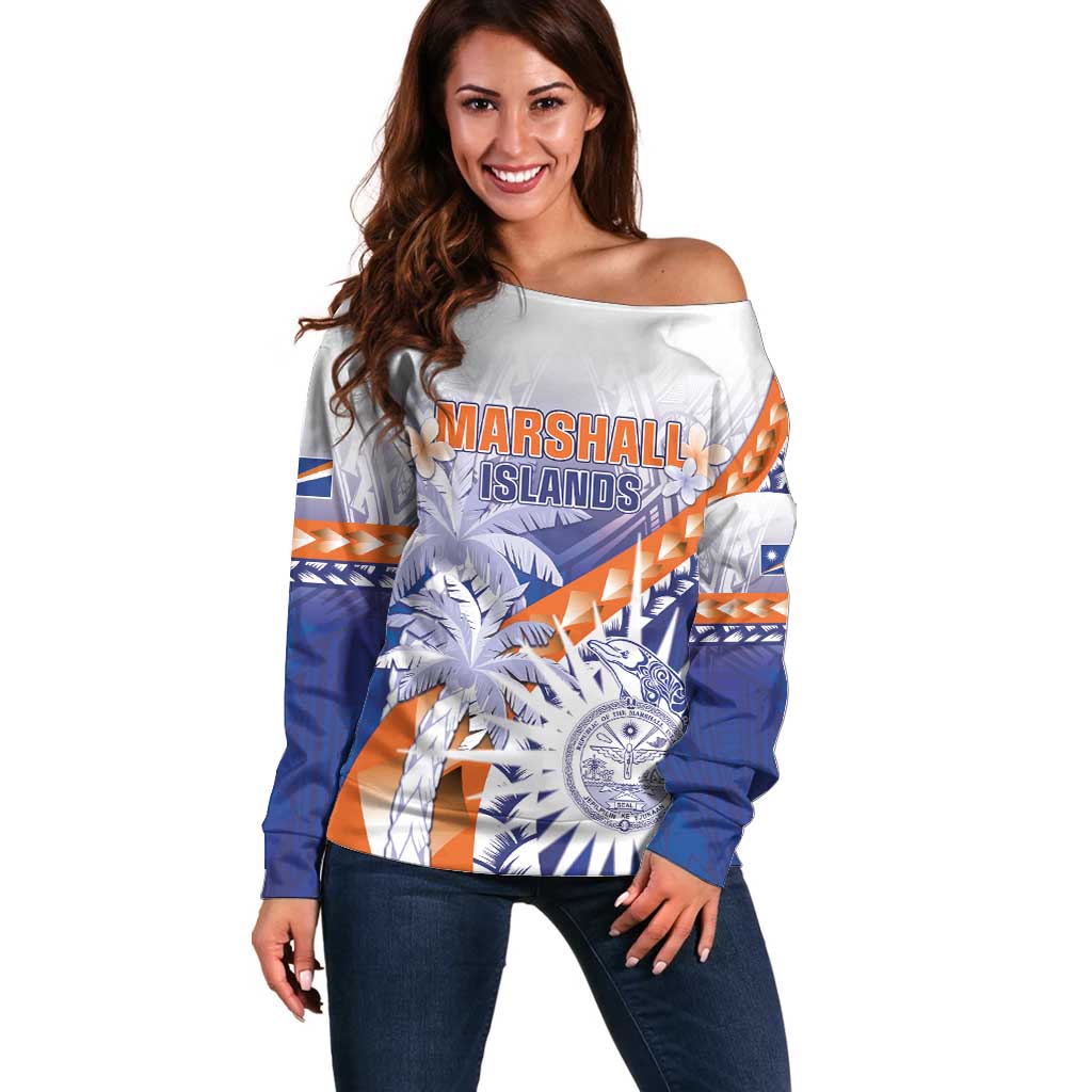 Personalised Marshall Islands Manit Day Off Shoulder Sweater Polynesian Tribal Tattoo Tropical Style LT05 Women Blue - Polynesian Pride