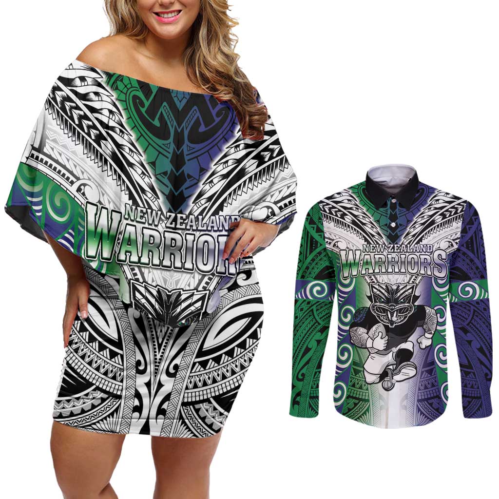 Custom New Zealand Warrior Couples Matching Off Shoulder Short Dress and Long Sleeve Button Shirt Maori Tribal Pattern LT05 Green - Polynesian Pride