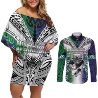 Custom New Zealand Warrior Couples Matching Off Shoulder Short Dress and Long Sleeve Button Shirt Maori Tribal Pattern LT05 Green - Polynesian Pride