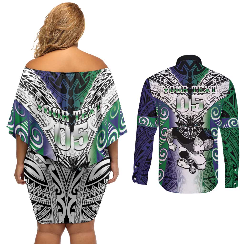 Custom New Zealand Warrior Couples Matching Off Shoulder Short Dress and Long Sleeve Button Shirt Maori Tribal Pattern LT05 - Polynesian Pride