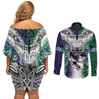 Custom New Zealand Warrior Couples Matching Off Shoulder Short Dress and Long Sleeve Button Shirt Maori Tribal Pattern LT05 - Polynesian Pride