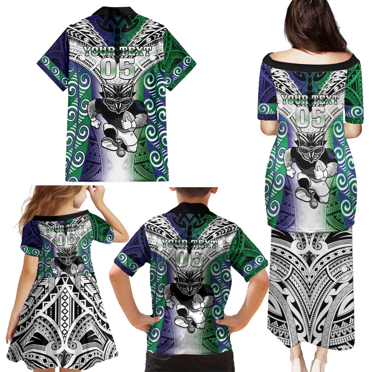 Custom New Zealand Warrior Family Matching Puletasi and Hawaiian Shirt Maori Tribal Pattern
