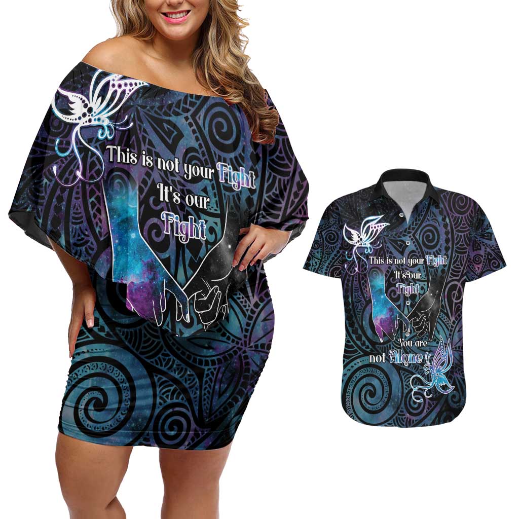 Suicide Awareness Couples Matching Off Shoulder Short Dress and Hawaiian Shirt You Are Not Alone - Polynesian Pride