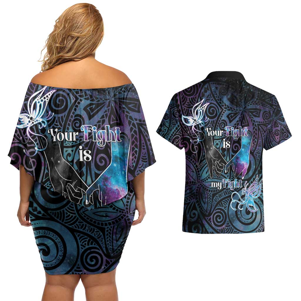 Suicide Awareness Couples Matching Off Shoulder Short Dress and Hawaiian Shirt You Are Not Alone - Polynesian Pride