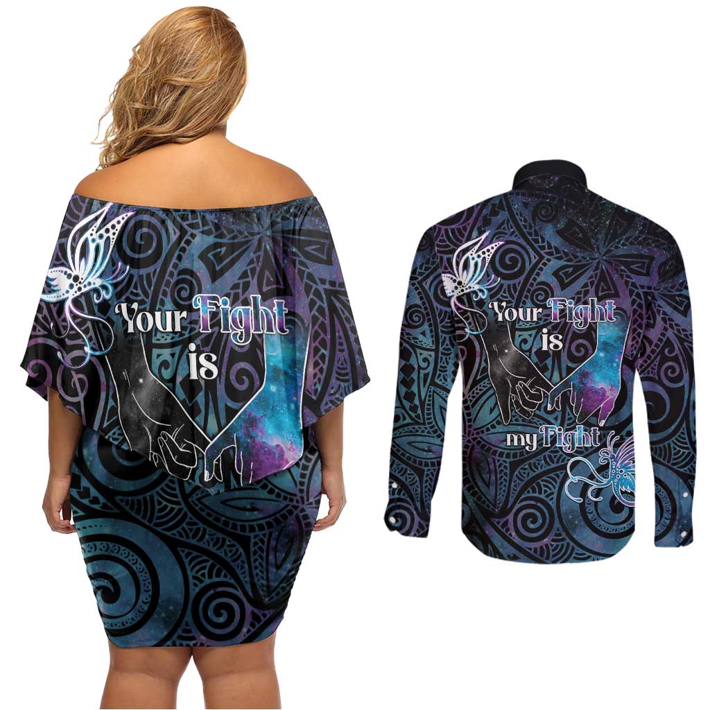 Suicide Awareness Couples Matching Off Shoulder Short Dress and Long Sleeve Button Shirt You Are Not Alone - Polynesian Pride