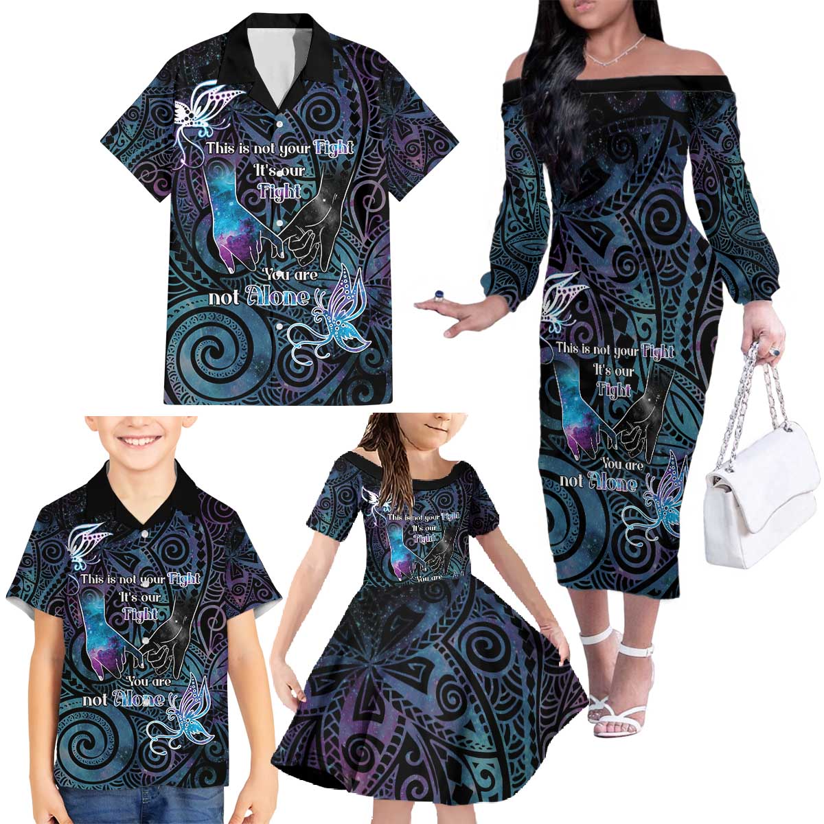Suicide Awareness Family Matching Off The Shoulder Long Sleeve Dress and Hawaiian Shirt You Are Not Alone - Polynesian Pride