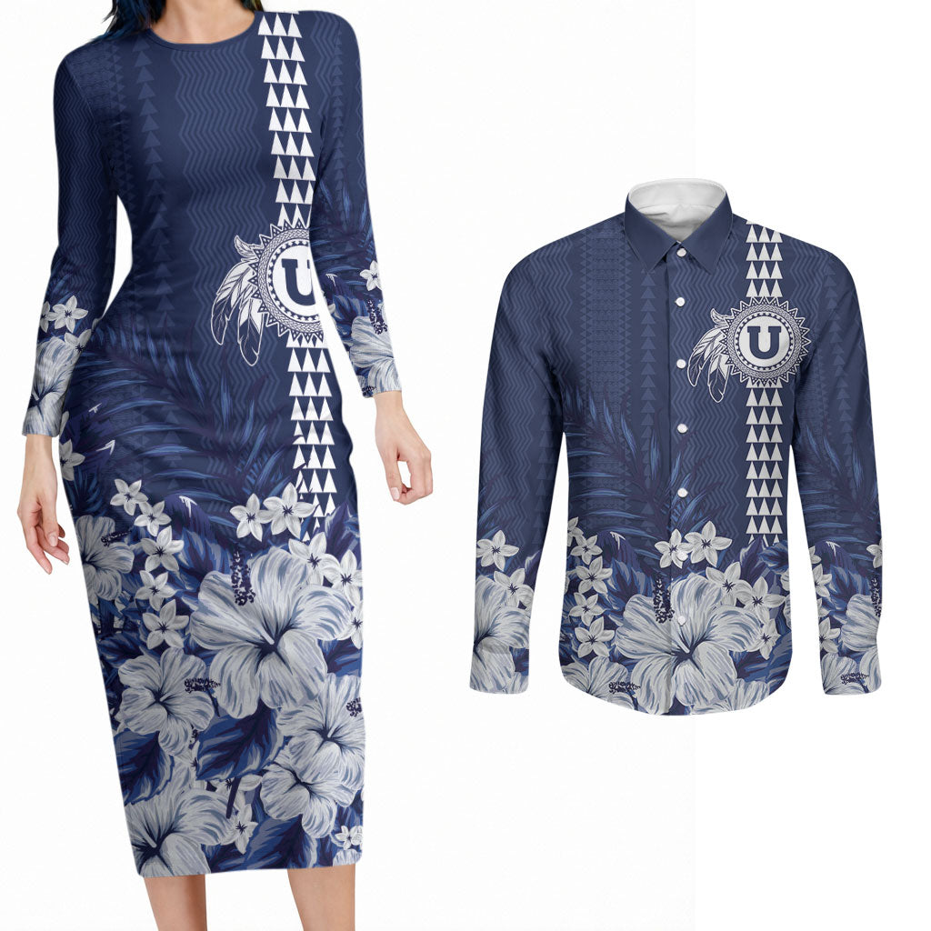 Personalized Utah State Couples Matching Long Sleeve Bodycon Dress and Long Sleeve Button Shirt Polynesian Style