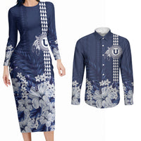 Personalized Utah State Couples Matching Long Sleeve Bodycon Dress and Long Sleeve Button Shirt Polynesian Style