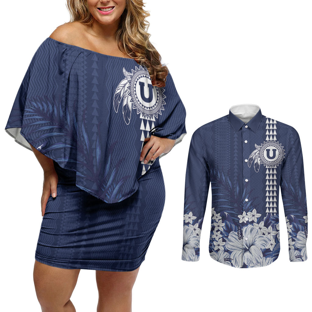 Personalized Utah State Couples Matching Off Shoulder Short Dress and Long Sleeve Button Shirt Polynesian Style