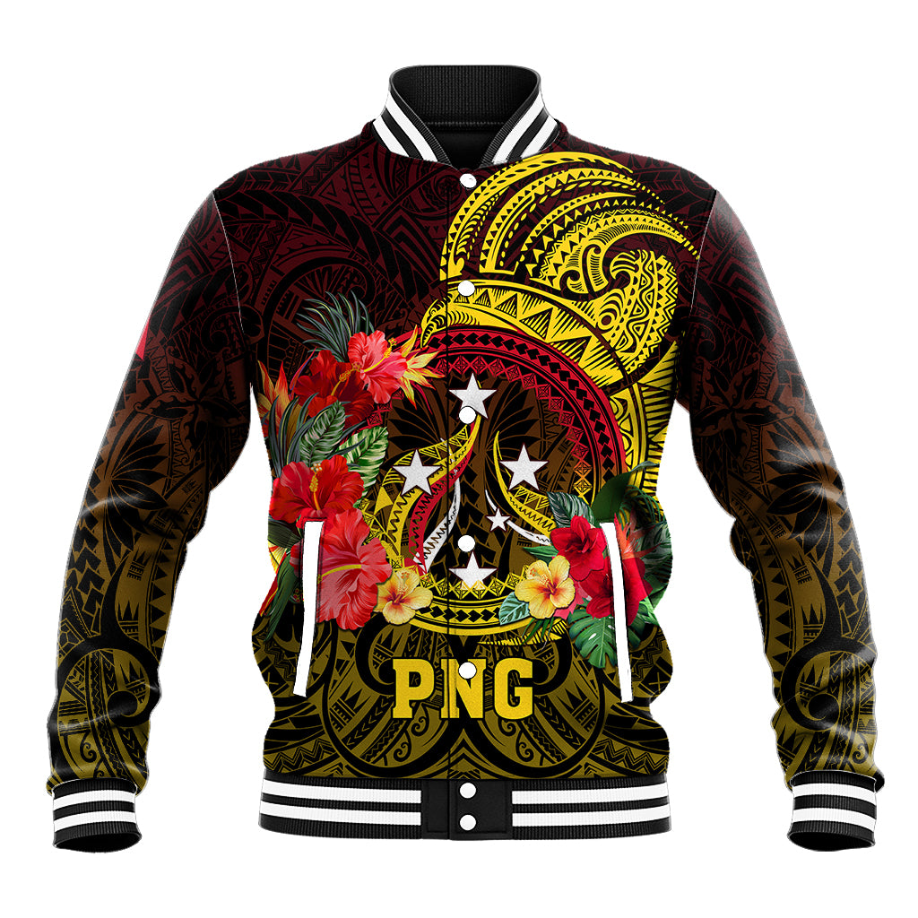 Papua New Guinea Baseball Jacket Coat Of Arms Tropical Flowers Polynesian Pattern LT05 Unisex Yellow - Polynesian Pride