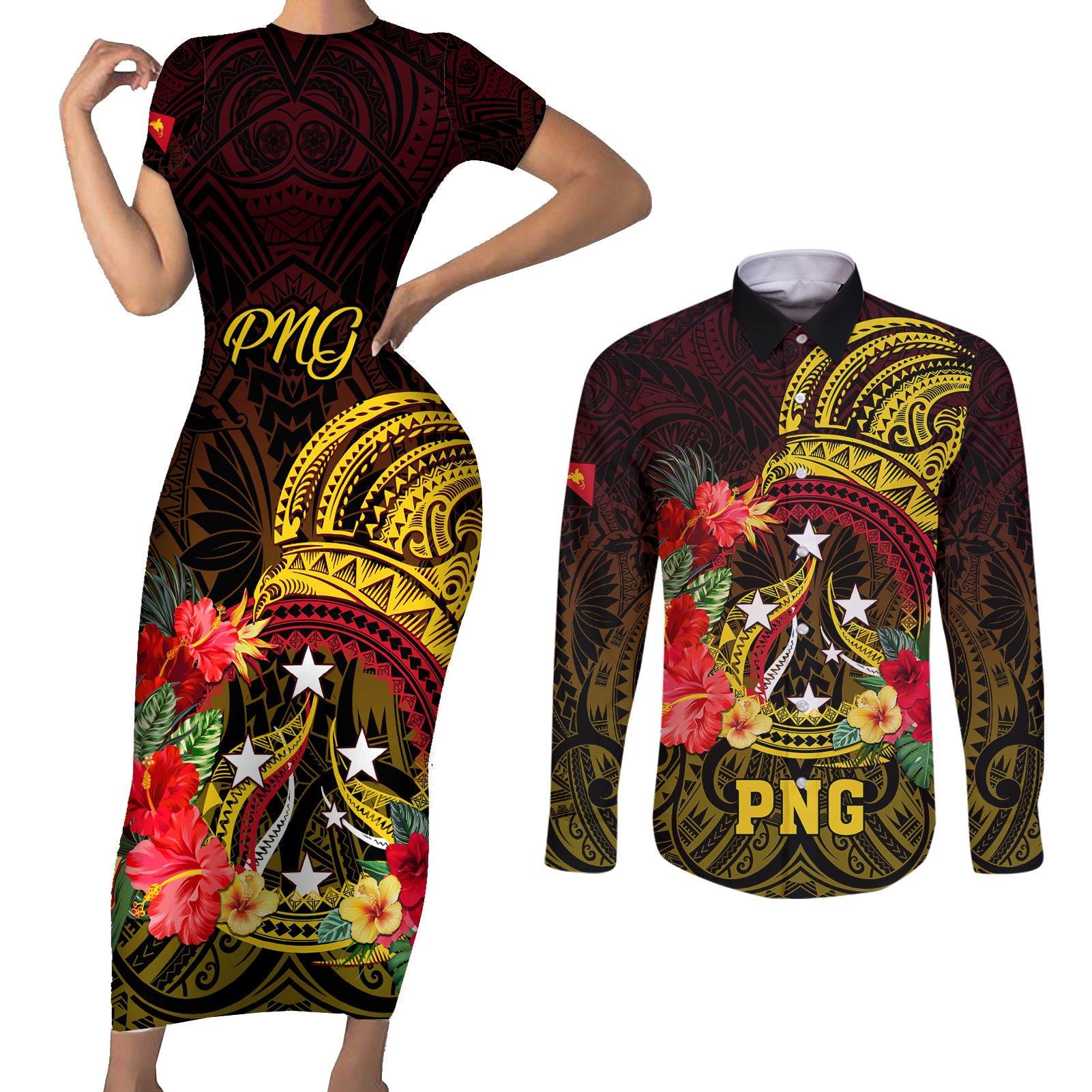 Papua New Guinea Couples Matching Short Sleeve Bodycon Dress and Long Sleeve Button Shirts Coat Of Arms Tropical Flowers Polynesian Pattern LT05 Yellow - Polynesian Pride