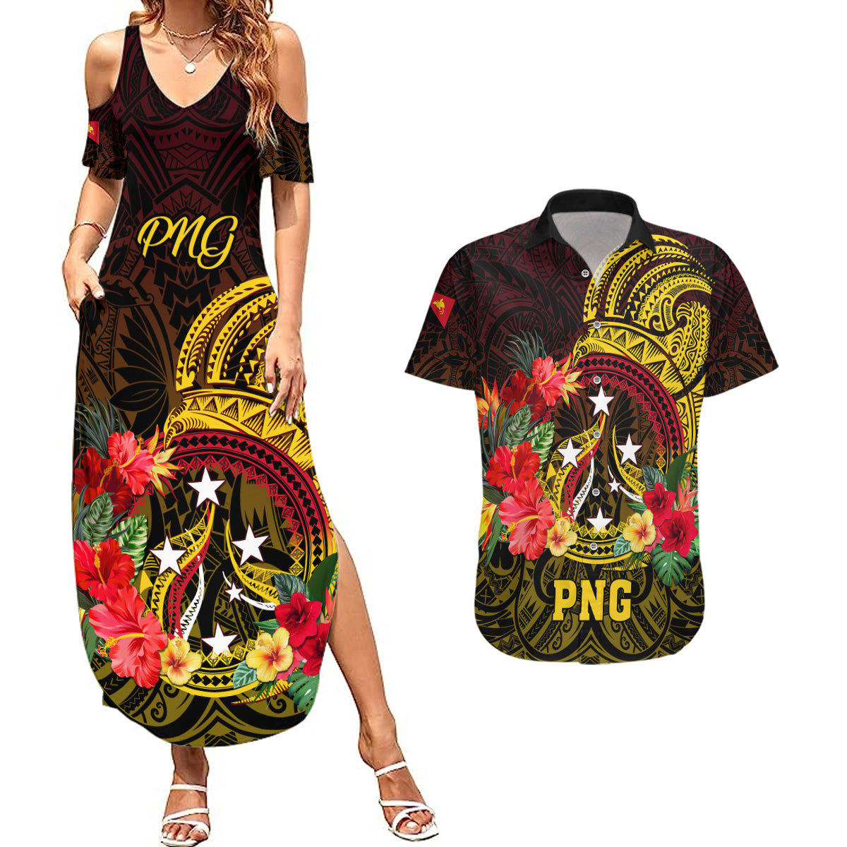 Papua New Guinea Couples Matching Summer Maxi Dress and Hawaiian Shirt Coat Of Arms Tropical Flowers Polynesian Pattern LT05 Yellow - Polynesian Pride