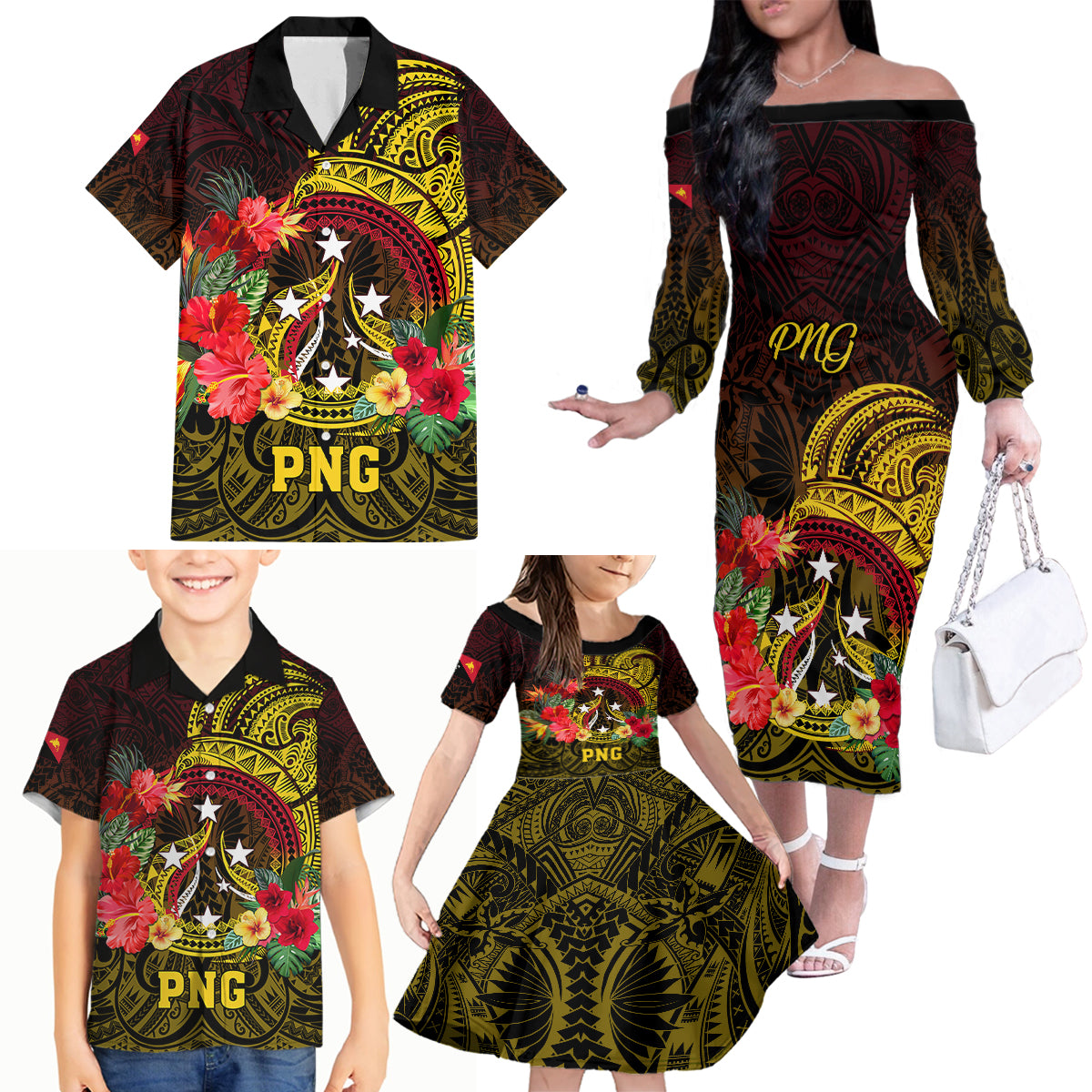 Papua New Guinea Family Matching Off Shoulder Long Sleeve Dress and Hawaiian Shirt Coat Of Arms Tropical Flowers Polynesian Pattern LT05 - Polynesian Pride
