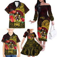 Papua New Guinea Family Matching Off Shoulder Long Sleeve Dress and Hawaiian Shirt Coat Of Arms Tropical Flowers Polynesian Pattern LT05 - Polynesian Pride