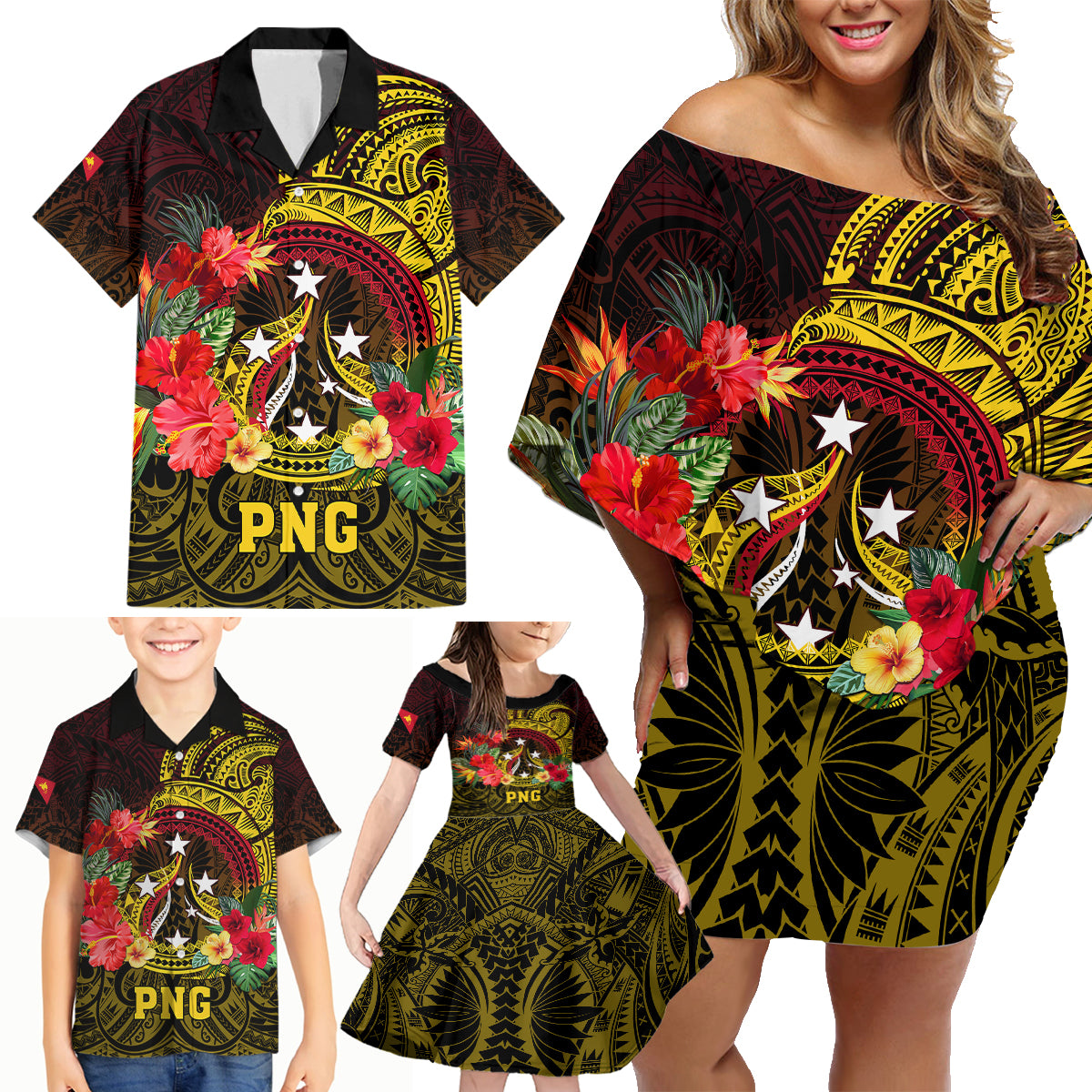 Papua New Guinea Family Matching Off Shoulder Short Dress and Hawaiian Shirt Coat Of Arms Tropical Flowers Polynesian Pattern LT05 - Polynesian Pride