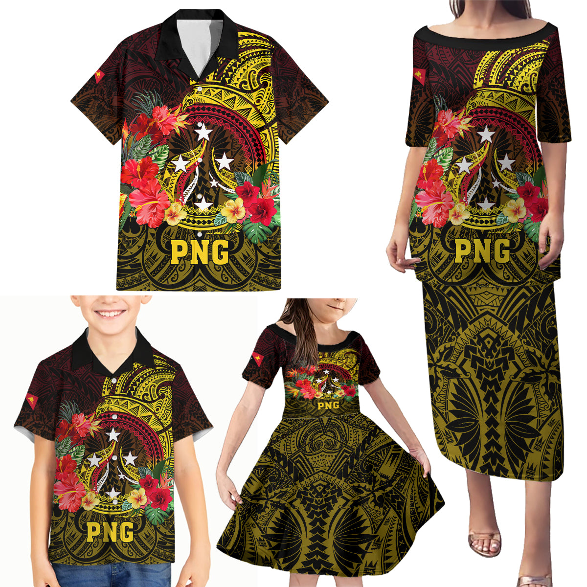 Papua New Guinea Family Matching Puletasi Dress and Hawaiian Shirt Coat Of Arms Tropical Flowers Polynesian Pattern LT05 - Polynesian Pride