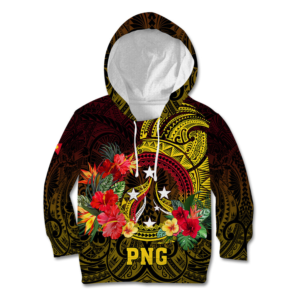 Papua New Guinea Kid Hoodie Coat Of Arms Tropical Flowers Polynesian Pattern LT05 Hoodie Yellow - Polynesian Pride